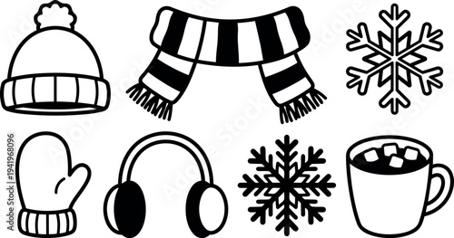 Black and white flat design winter icons set with hat scarf earmuffs mittens snowflakes and hot drink vector illustration
