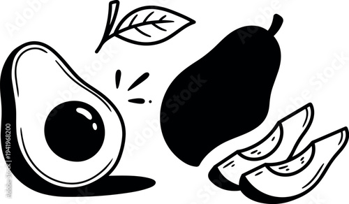 Minimalist black and white vector art of whole mango sliced fruit with half avocado and leaf icon set