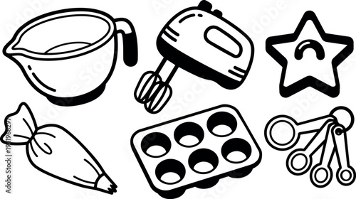 Black and white flat design kitchen tools including electric mixer muffin tray piping bag measuring spoons and star shaped cookie cutter icons set