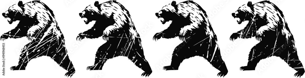 Fototapeta premium Four black silhouette grizzly bears roaring in aggressive stance on white background