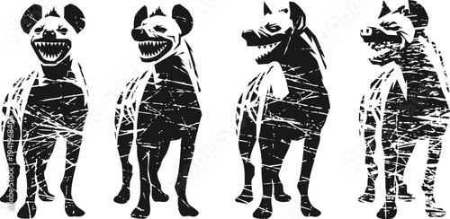Four tribal hyena silhouettes with textured scratch effect in different standing poses