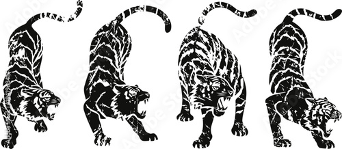 Powerful tiger illustrations in dynamic walking and roaring poses with detailed stripes in black and white