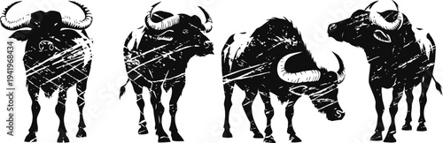 silhouettes of four buffalo facing forward in different poses, textured black animal figures