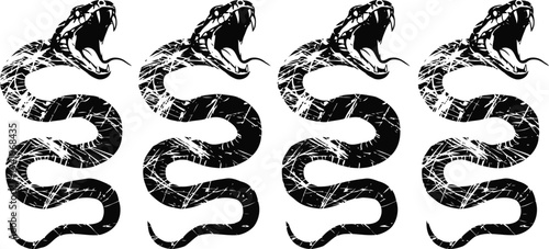 Four fierce black snakes with open mouths and visible fangs in a row