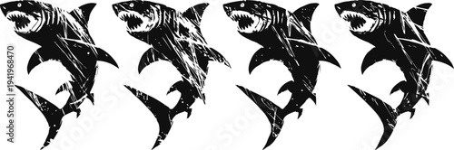 four black and white shark silhouettes with distressed texture arranged in a row