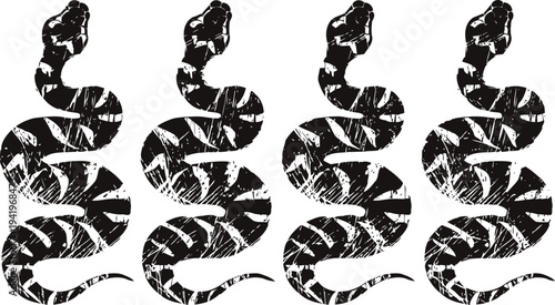 four black snakes with textured grunge reptiles coiled and twisty with rough distressed pattern