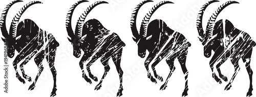 Four black ibex silhouettes with curled horns in dynamic, abstract artistic