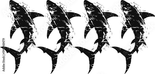 set of four black sharks silhouettes swimming in a row with rough textured pattern