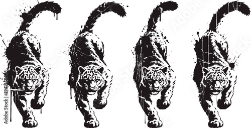 Four black tiger silhouettes walking forward with ink splatter effects on white background