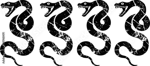 grunge black snake icon set with open mouth and curled body vector illustration