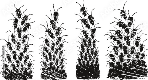 ants climbing vertically on soil and wooden surfaces in black silhouette insect behavior, teamwork, colony activity, nature close up