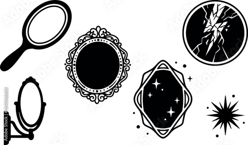 Black silhouette vector icon set of various mirror shapes including handheld wall mounted ornate cracked and sparkling designs
