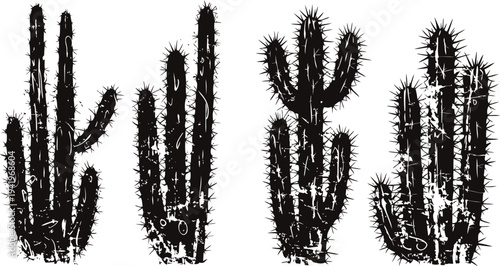 silhouette set of various cactus plants with spines isolated on white background