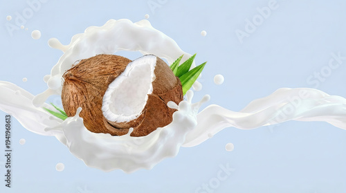 A whole, split coconut fruit amidst white milk waves. Tropical and refreshing cosmetic or food design.