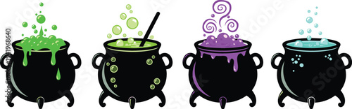 PrintHalloween magic potion cauldrons with bubbling colorful liquids, spooky witch brewing pot set with green purple and blue magical smoke vector illustration