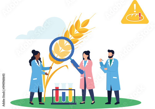 Scientists analyzing wheat sample for food safety and contamination laboratory research vector illustration