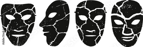 set of black cracked stone theatrical masks with white eye holes and smiling expressions