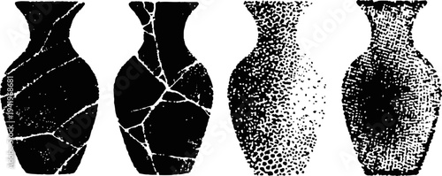 Cracked and textured vase silhouettes in black and white with speckled and line patterns