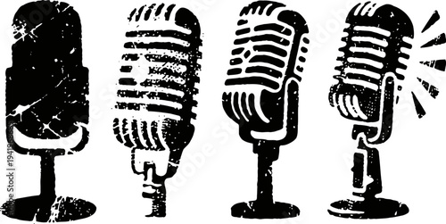 vintage microphone silhouettes in retro classic music equipment set for broadcasting and recording