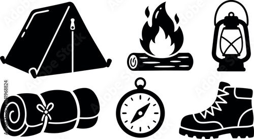 Black silhouette camping gear icons including tent fire lantern rolled mat compass and hiking boot set