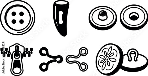 Black and white flat design icons of button zipper hook clasp and clothing fasteners vector art set
