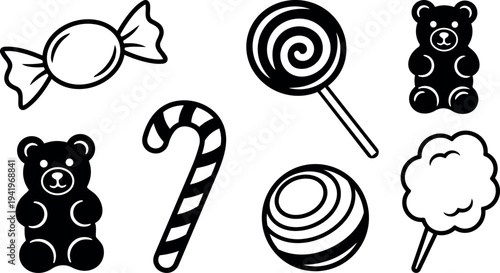 Black and white flat design of assorted candy icons including wrapped candy lollipop gummy bear cotton candy and candy cane collection