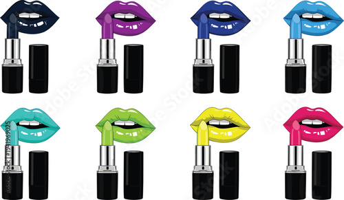 Vector Set of Vibrant Colorful Lipsticks with Matching Glossy Lips Featuring Bold Shades for Creative Makeup and Beauty Trends