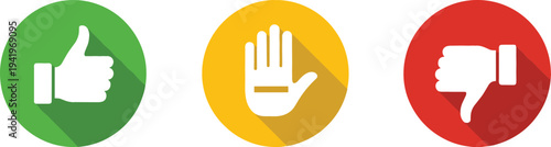 User feedback icons with thumbs up, stop hand and thumbs down symbols representing approval, warning and dislike rating concept