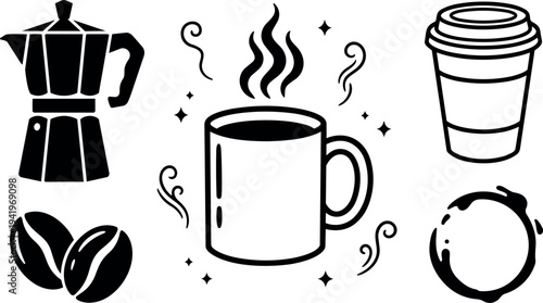 Black and white coffee icons set including moka pot steaming coffee cup takeaway cup coffee beans and coffee stain circle vector art
