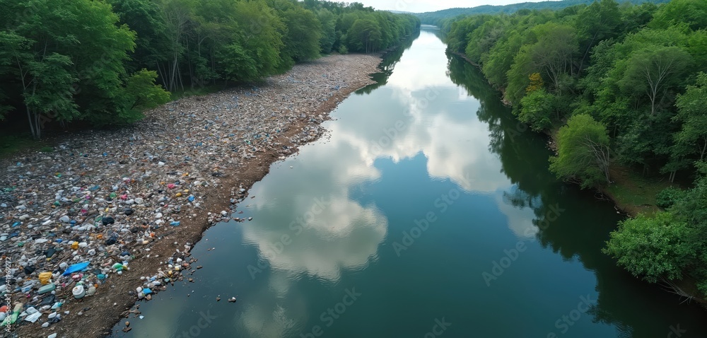 Fototapeta premium Aerial view shows river bank clogged with vast amounts of plastic trash. Green forest surrounds water body reflecting sky clouds. Environmental pollution problem is evident.