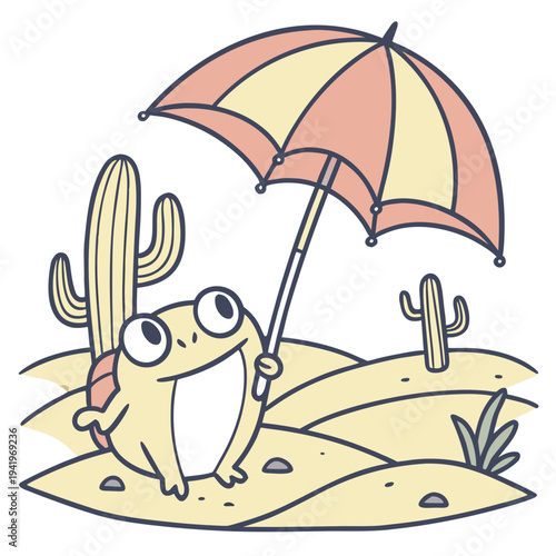Cute SVG of a Surprised Frog in Desert Mirage colors, featuring under an umbrella in a Desert Mirage setting