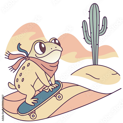 Desert Mirage themed SVG: Joyful Frog with riding a skateboard in a Desert Mirage environment