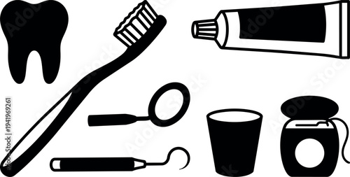 Black and white vector art set of dental hygiene tools including toothbrush toothpaste tooth mirror scaler cup and dental floss container