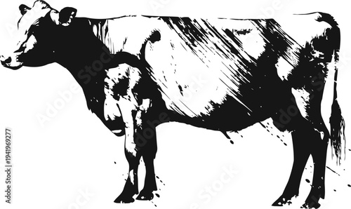 Vintage cow illustration in black and white, side view detailed livestock drawing