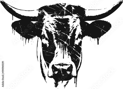 Black and white abstract bull head illustration with paint splatter and artistic scratches