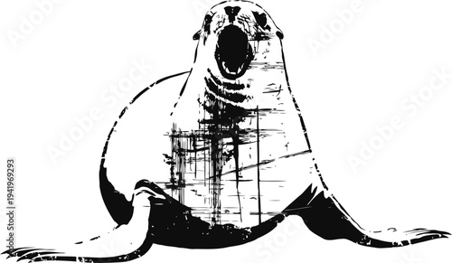 black and white artistic seal illustration with open mouth, aquatic wildlife monochrome design