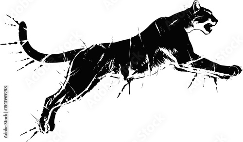 Black panther silhouette in mid leap, dynamic animal jumping action pose, wild feline predator illustration