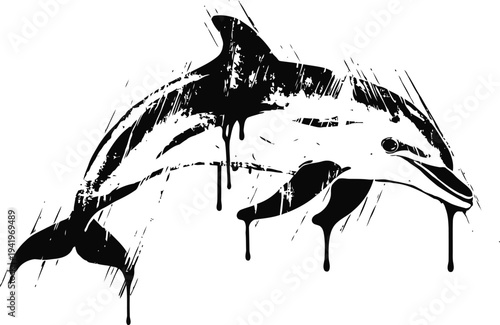 abstract dolphin illustration with ink splatter and dripping effect, modern artistic marine design