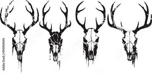 set of four black and white stylized deer skull illustrations with antlers in dripping ink design