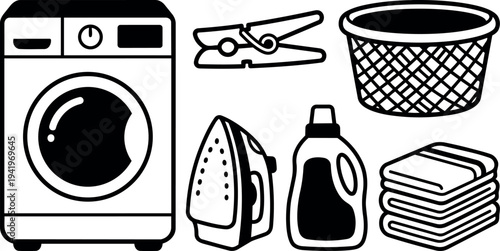 Black and white vector icons of washing machine iron detergent clothespin laundry basket and folded towels isolated on white background