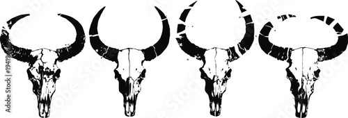 Four stylized buffalo skulls with cracks and texture in black silhouette illustration
