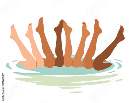 Synchronized swimmers' legs form an artistic formation above the water surface.