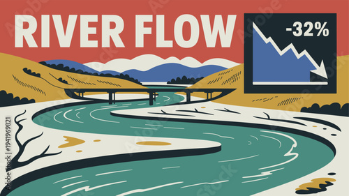 Winding river landscape with mountains and valley. Vector illustration of winding river flowing through mountainous valley representing natural freshwater ecosystem.