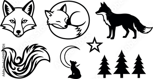 Black and white vector art set of forest fox head sleeping curled silhouette howling night star trees isolated icons