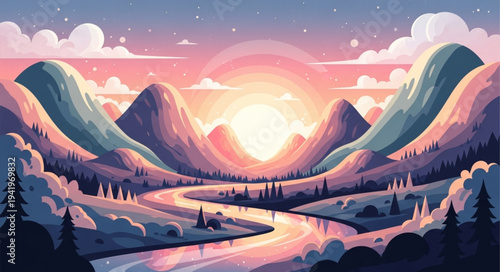 Majestic Mountain Landscape with Sunrise and River.