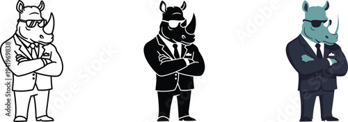 Professional rhinoceros mascot wearing a sharp business suit and cool sunglasses stands confidently with arms crossed presenting mascot options