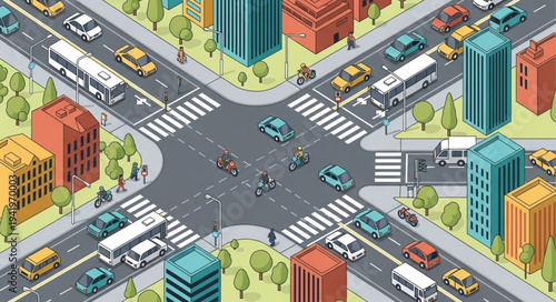 Isometric City Intersection with Traffic and Buildings Illustration.