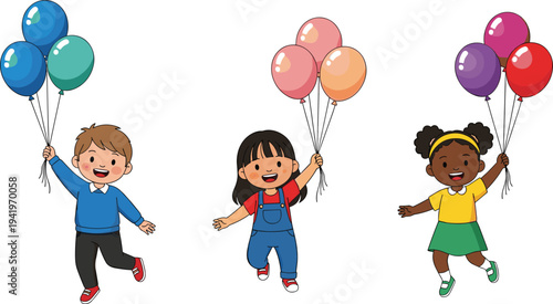 Vector Set of Happy Diverse Children Jumping and Holding Colorful Balloons Isolated on White for Birthday Party and Celebration Concept