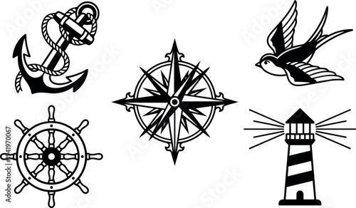Black and white nautical vector icons including anchor with rope compass rose sailing ship wheel swift bird and lighthouse with light beams