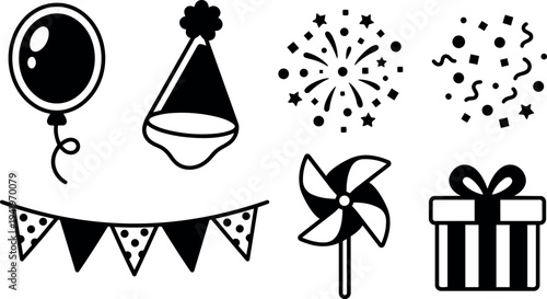 Simple black and white vector party icons balloon party hat fireworks confetti pennant windmill gift box celebration items